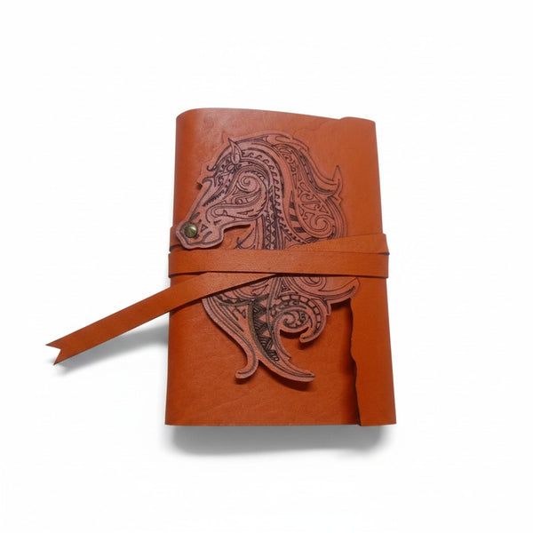 Genuine Dark Brown Sheepskin Leather Journal, Blank Chamois Paper | Laser Cut Wrap-Around Cover | Fire Horse Head | Small