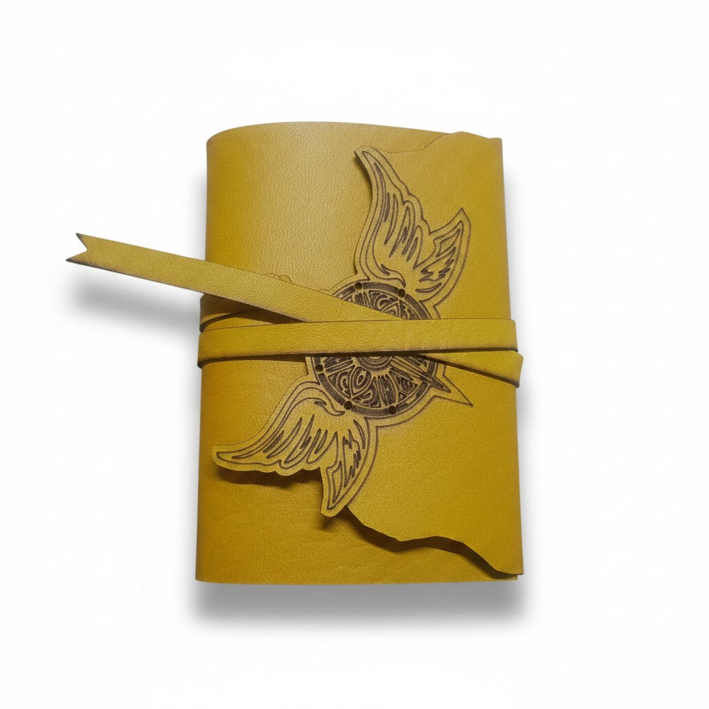Genuine Dark Brown Sheepskin Leather Journal, Blank Chamois Paper | Laser Cut Wrap-Around Cover | Flying Warrior | Small
