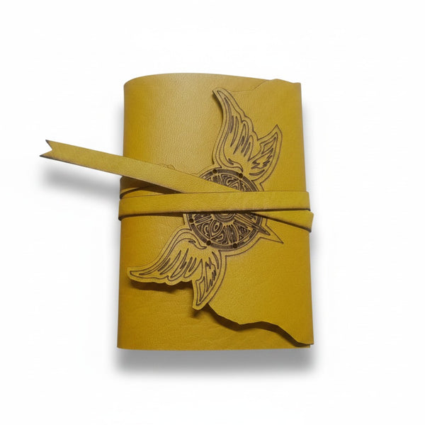 Genuine Dark Brown Sheepskin Leather Journal, Blank Chamois Paper | Laser Cut Wrap-Around Cover | Flying Warrior | Small