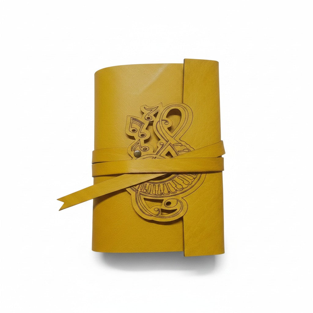 Genuine Yellow Sheepskin Leather Journal, Blank Chamois Paper | Laser Cut Wrap-Around Cover | Treble Clef Engraved | Small