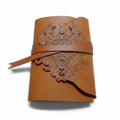 Genuine Yellow Sheepskin Leather Journal, Blank Chamois Paper | Laser Cut Wrap-Around Cover | Dragon Head Engraved | Small