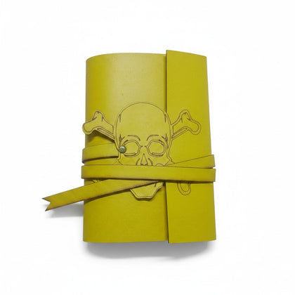 Genuine Yellow Sheepskin Leather Journal, Blank Chamois Paper | Laser Cut Wrap-Around Cover | Jolly Roger Skull | Small