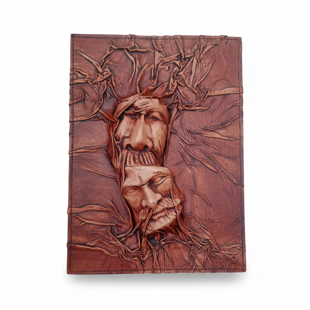 Genuine Dark Brown Sheepskin Leather Giant Tome, Blank Chamois Paper | 3D Sculpted Cover | Two Faced Soul Book of Shadows | Giant