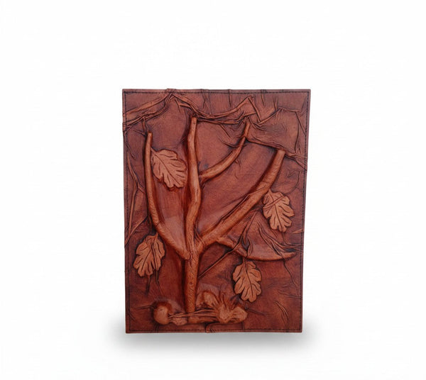 Genuine Dark Brown Sheepskin Leather Giant Tome, Blank Chamois Paper | 3D Sculpted Cover | Ancient Tree Branch Druid | Wall Art
