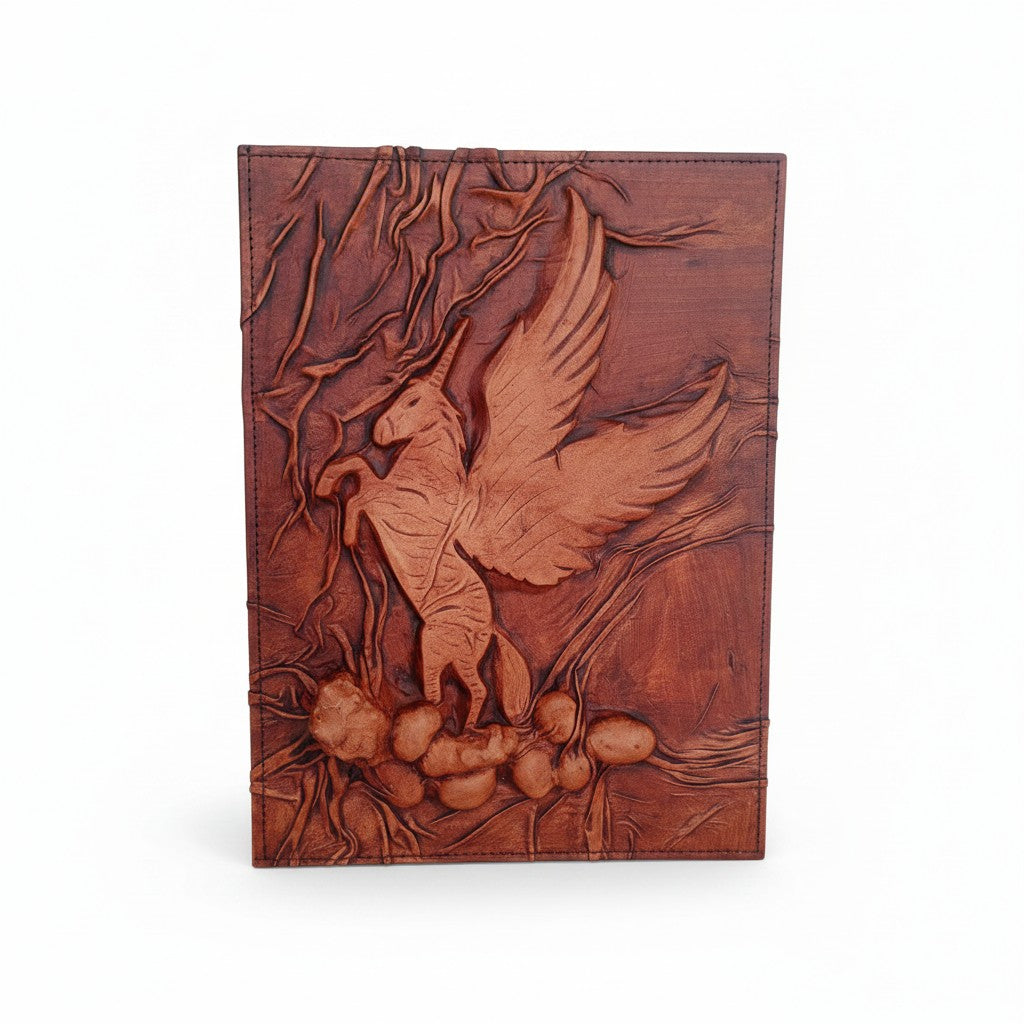 Genuine Dark Brown Sheepskin Leather Giant Tome, Blank Chamois Paper | 3D Sculpted Cover | Pegasus & Vines Fantasy Journal | Giant