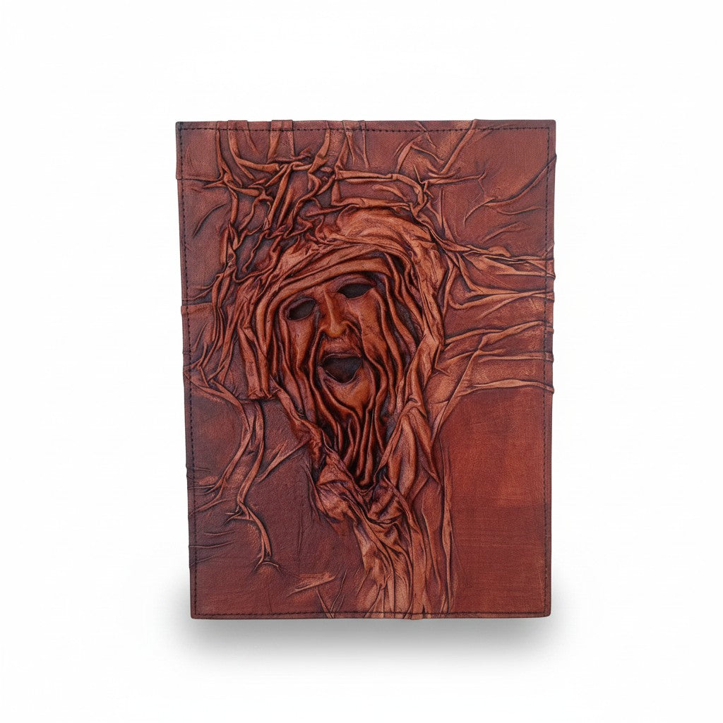 Genuine Dark Brown Sheepskin Leather Giant Tome, Blank Chamois Paper | 3D Sculpted Cover | Screaming Macabre Face Necronomicon | Giant