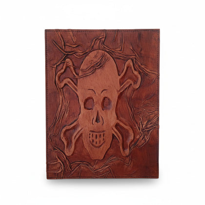 Genuine Dark Brown Sheepskin Leather Giant Tome, Blank Chamois Paper | 3D Sculpted Cover | Giant Skull & Crossbones Pirate Logbook | Giant