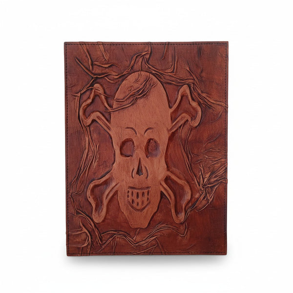 Genuine Dark Brown Sheepskin Leather Giant Tome, Blank Chamois Paper | 3D Sculpted Cover | Giant Skull & Crossbones Pirate Logbook | Wall Art