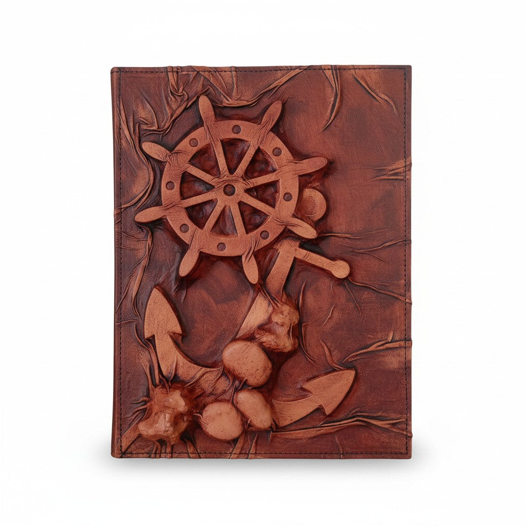 Genuine Dark Brown Sheepskin Leather Giant Tome, Blank Chamois Paper | 3D Sculpted Cover | Giant Ship Wheel Captains Log | Giant