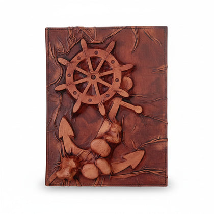 Genuine Dark Brown Sheepskin Leather Giant Tome, Blank Chamois Paper | 3D Sculpted Cover | Giant Ship Wheel Captains Log | Giant
