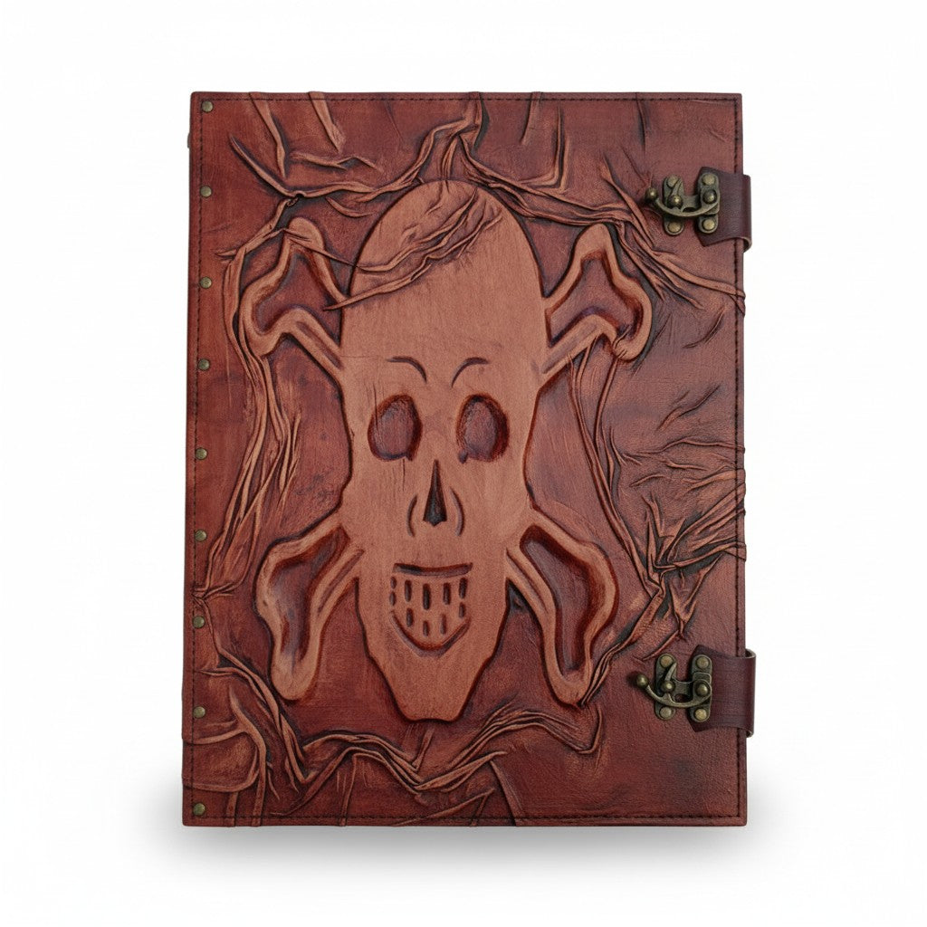 Genuine Dark Brown Sheepskin Leather Giant Tome, Blank Chamois Paper | 3D Sculpted Cover | Giant Skull & Crossbones Pirate Logbook | Giant