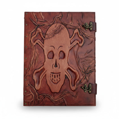 Genuine Dark Brown Sheepskin Leather Giant Tome, Blank Chamois Paper | 3D Sculpted Cover | Giant Skull & Crossbones Pirate Logbook | Giant