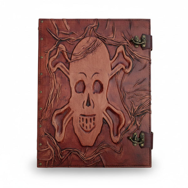 Genuine Dark Brown Sheepskin Leather Giant Tome, Blank Chamois Paper | 3D Sculpted Cover | Giant Skull & Crossbones Pirate Logbook | Giant Journal