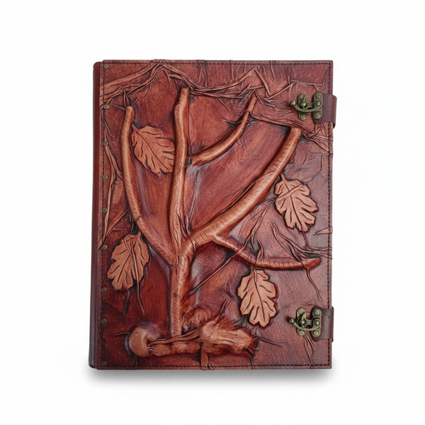Genuine Dark Brown Sheepskin Leather Giant Tome, Blank Chamois Paper | 3D Sculpted Cover | Ancient Tree Branch Druid | Giant Journal