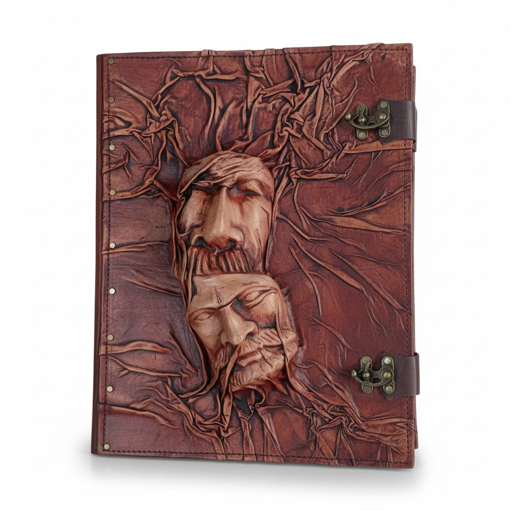 Genuine Dark Brown Sheepskin Leather Giant Tome, Blank Chamois Paper | 3D Sculpted Cover | Two Faced Soul Book of Shadows | Giant
