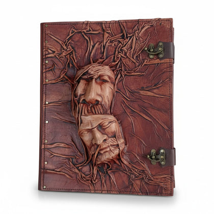 Genuine Dark Brown Sheepskin Leather Giant Tome, Blank Chamois Paper | 3D Sculpted Cover | Two Faced Soul Book of Shadows | Giant