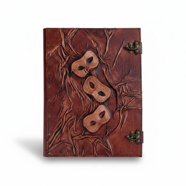 Genuine Dark Brown Sheepskin Leather Giant Tome, Blank Chamois Paper | 3D Sculpted Cover | Three Masquerade Masks Theater Prop | Giant Journal
