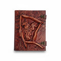 Genuine Dark Brown Sheepskin Leather Giant Tome, Blank Chamois Paper | 3D Sculpted Cover | Three Faces Grimoire Prop | Giant