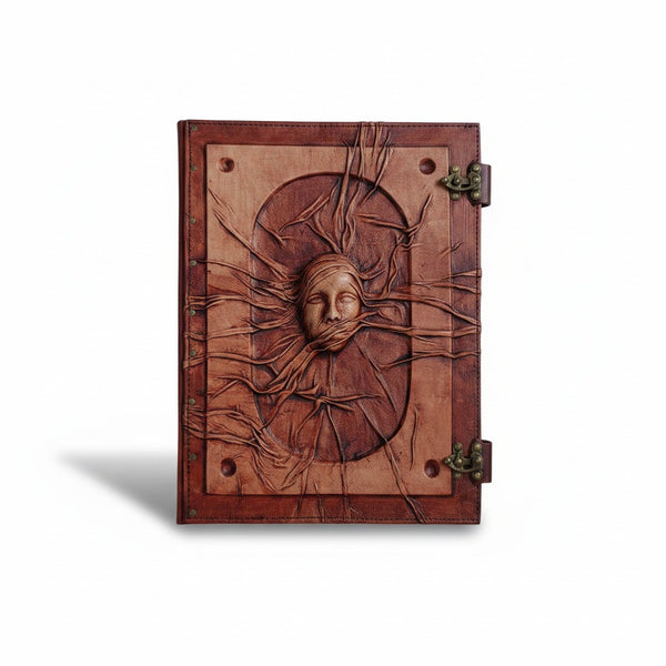 Genuine Dark Brown Sheepskin Leather Giant Tome, Blank Chamois Paper | 3D Sculpted Cover | Deep Mysterious Face Grimoire | Giant Journal