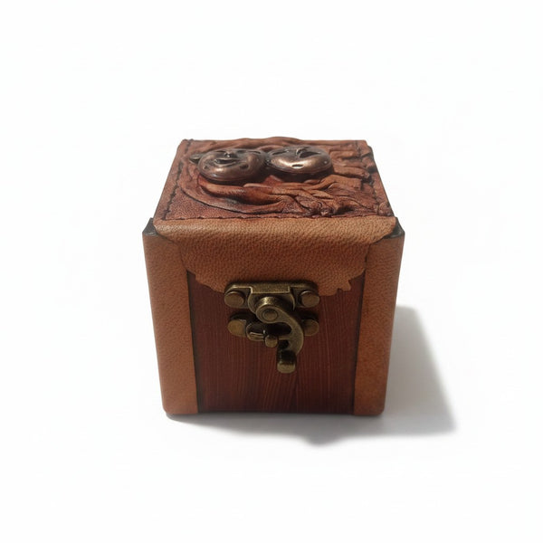 Genuine Leather Wooden Jewelry Box | Antique Metal Theater Masks | 8x8cm