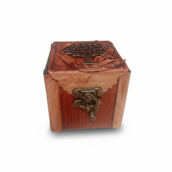 Genuine Leather Wooden Jewelry Box | Antique Metal Tree of Life | 8x8cm