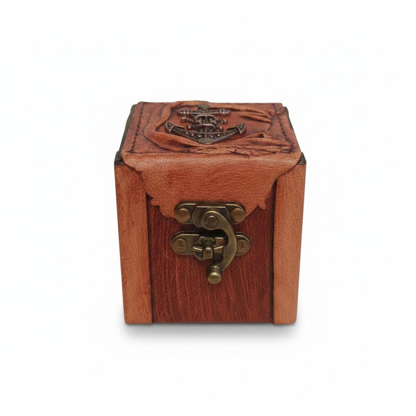 Genuine Leather Wooden Jewelry Box | Antique Metal Nautical Anchor | 8x8cm