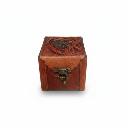 Genuine Leather Wooden Jewelry Box | Antique Metal Vintage Heart | 8x8cm