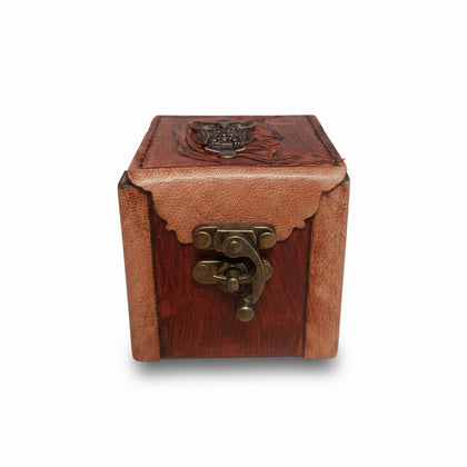 Genuine Leather Wooden Jewelry Box | Antique Metal Wise Owl | 8x8cm