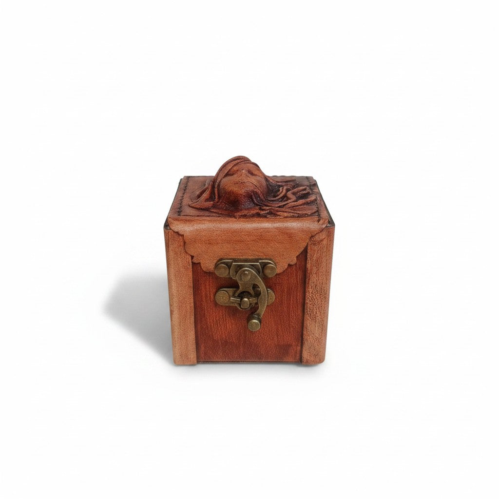 Genuine Leather Wooden Jewelry Box | 3D Sculpted Gothic Face | 8x8cm
