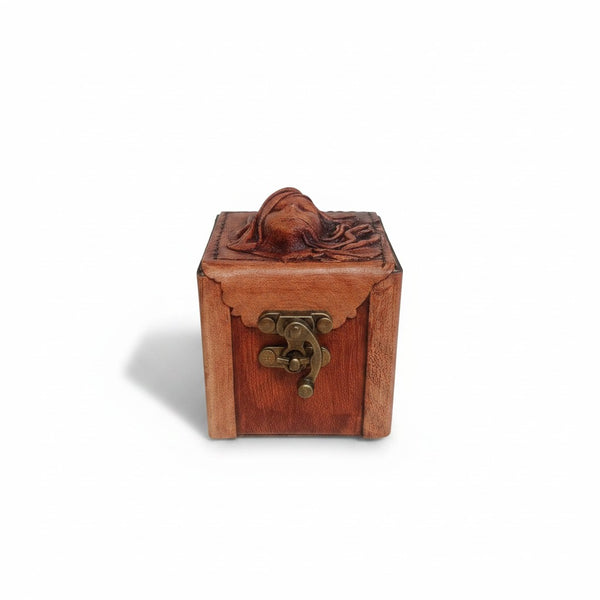 Genuine Leather Wooden Jewelry Box | 3D Sculpted Gothic Face | 8x8cm