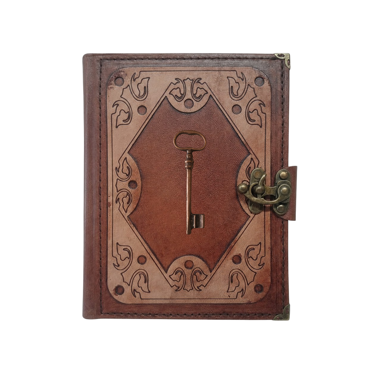 Genuine Sheepskin Leather Journal, Blank Chamois Paper | Layered Frame | Antique Metal Motif | Vintage Skeleton Key