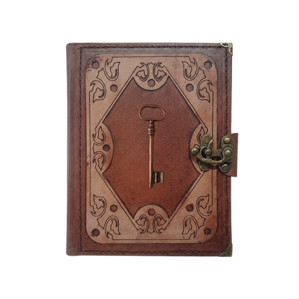 Genuine Sheepskin Leather Journal, Blank Chamois Paper | Layered Frame | Antique Metal Motif | Vintage Skeleton Key