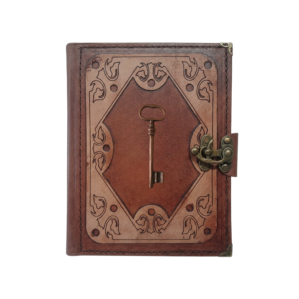Genuine Sheepskin Leather Journal, Blank Chamois Paper | Layered Frame | Antique Metal Motif | Vintage Skeleton Key