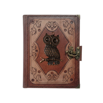 Genuine Sheepskin Leather Journal, Blank Chamois Paper | Layered Frame | Antique Metal Motif | Perched Owl