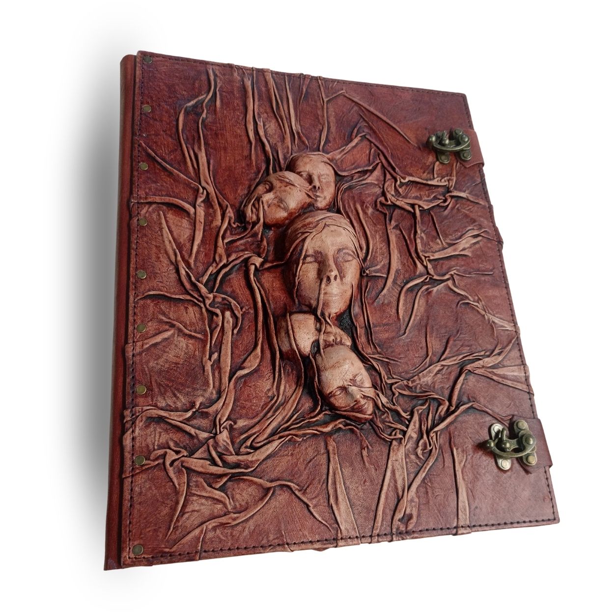 Genuine Dark Brown Sheepskin Leather Giant Tome, Blank Chamois Paper | 3D Sculpted Cover | Five Forest Spirit Faces Druid Spellbook | Giant Journal