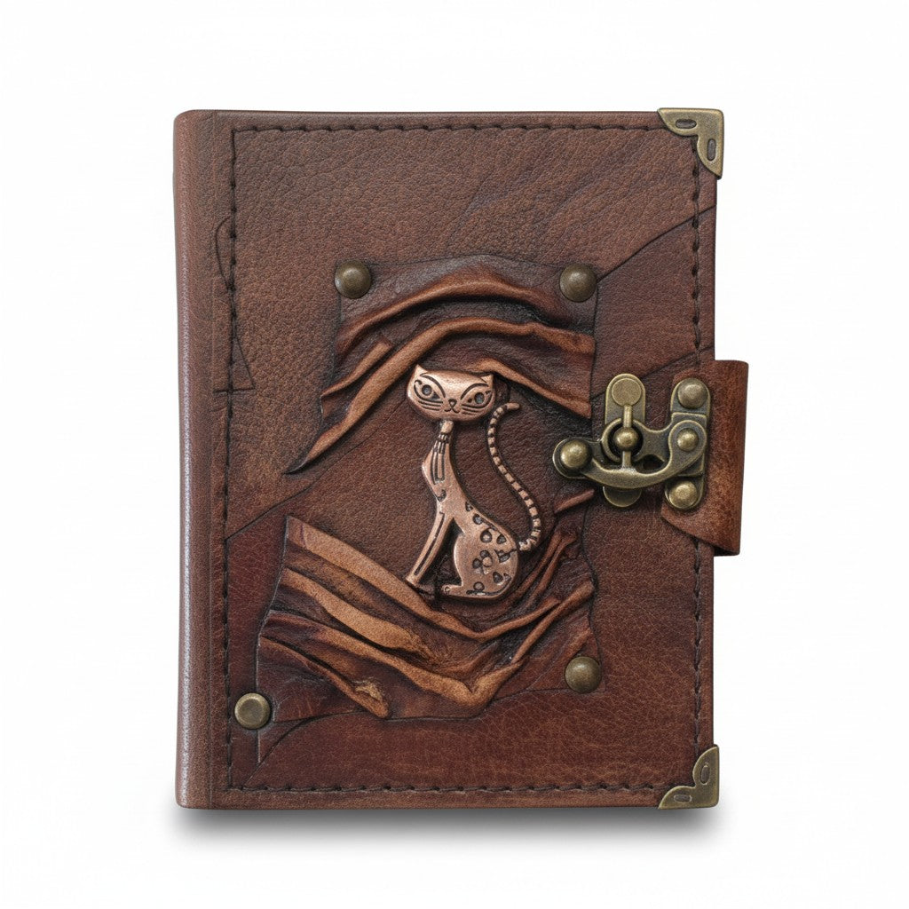 Genuine Sheepskin Leather Journal, Blank Chamois Paper | Up Wrinkled | Antique Metal Motif | Retro Cat