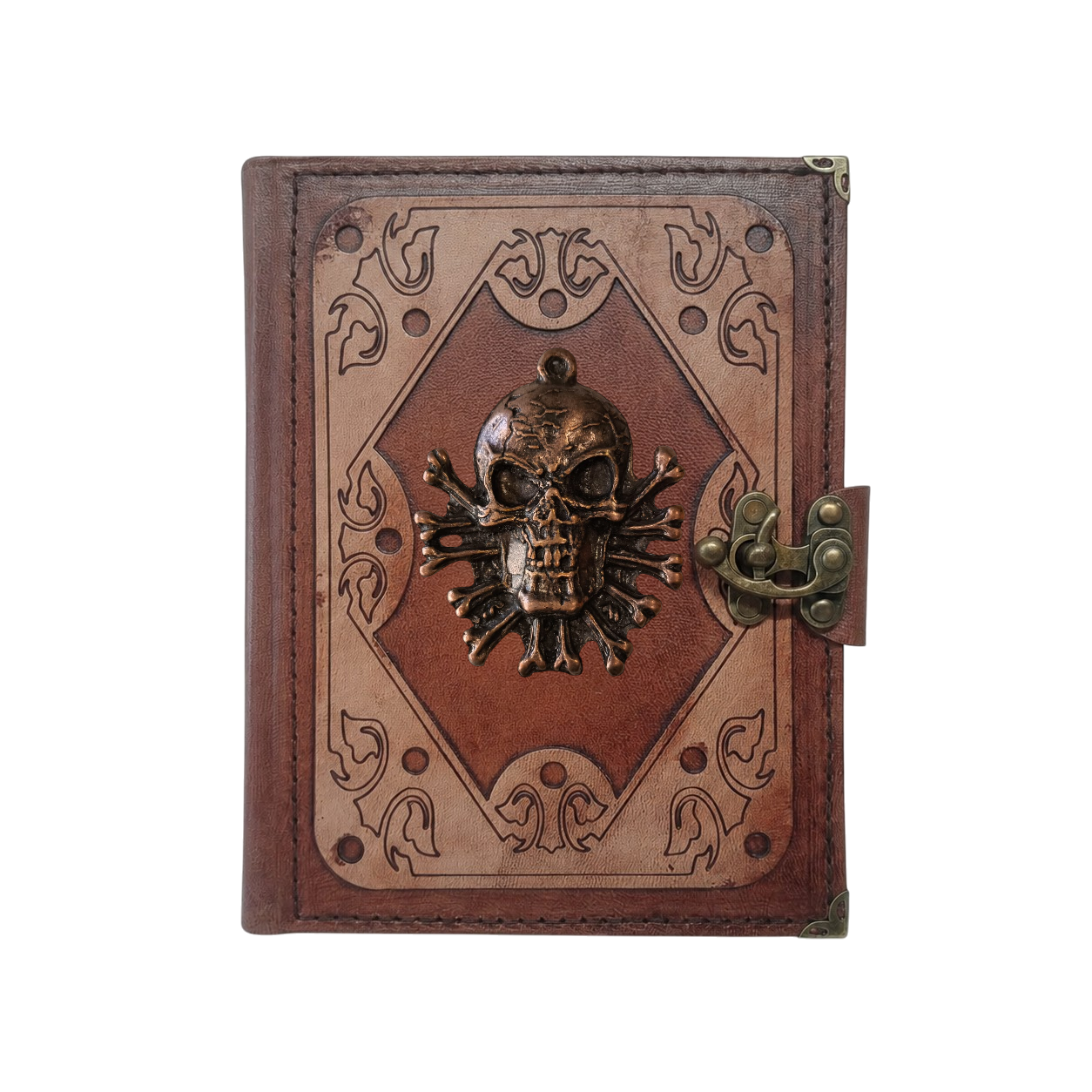 Genuine Sheepskin Leather Journal, Blank Chamois Paper | Layered Frame | Antique Metal Motif | Jolly Roger Skull
