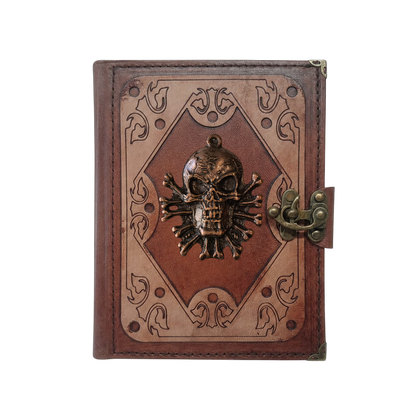 Genuine Sheepskin Leather Journal, Blank Chamois Paper | Layered Frame | Antique Metal Motif | Jolly Roger Skull