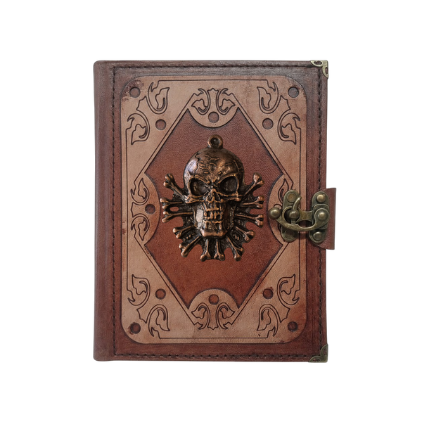 Genuine Sheepskin Leather Journal, Blank Chamois Paper | Layered Frame | Antique Metal Motif | Jolly Roger Skull