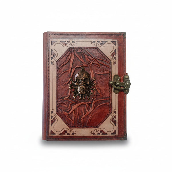 Genuine Sheepskin Leather Journal, Blank Chamois Paper | Wrinkled Classic Frame | Antique Metal Motif | Jolly Roger Skull