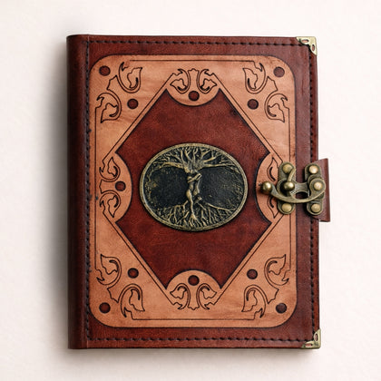 Genuine Sheepskin Leather Journal, Blank Chamois Paper | Layered Frame | Antique Resin Motif | Embracing Lovers Tree of Life