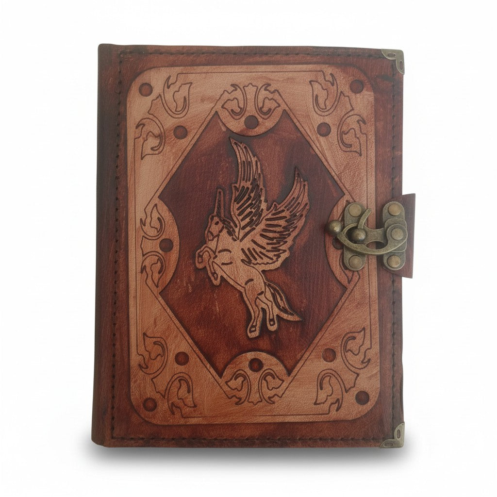 Genuine Sheepskin Leather Journal, Blank Chamois Paper | Layered Frame | Leather Overlay | Pegasus Winged Horse Engraved