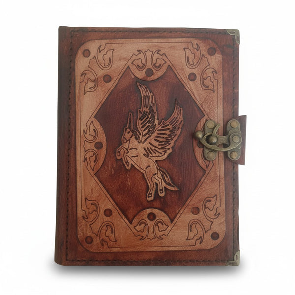 Genuine Sheepskin Leather Journal, Blank Chamois Paper | Layered Frame | Leather Overlay | Pegasus Winged Horse Engraved