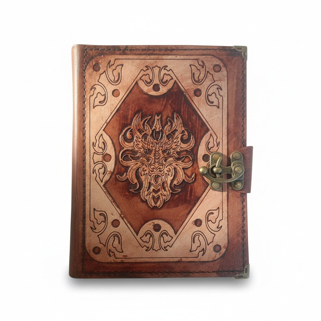 Genuine Sheepskin Leather Journal, Blank Chamois Paper | Layered Frame | Leather Overlay | Lion Engraved Head
