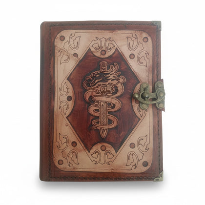 Genuine Sheepskin Leather Journal, Blank Chamois Paper | Layered Frame | Leather Overlay | Engraved Serpent Sword