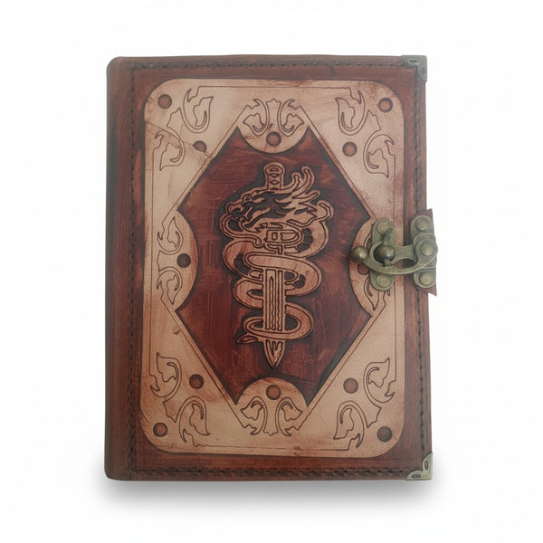 Genuine Sheepskin Leather Journal, Blank Chamois Paper | Layered Frame | Leather Overlay | Engraved Serpent Sword