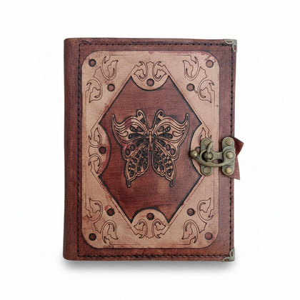 Genuine Sheepskin Leather Journal, Blank Chamois Paper | Layered Frame | Leather Overlay | Vintage Butterfly Engraved