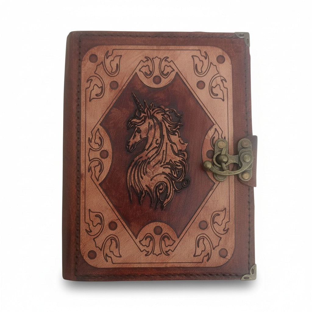 Genuine Sheepskin Leather Journal, Blank Chamois Paper | Layered Frame | Leather Overlay | Mythical Unicorn Engraved