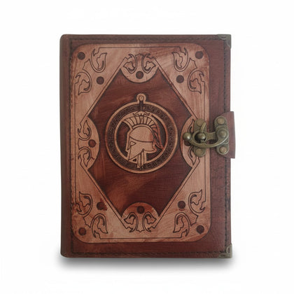 Genuine Sheepskin Leather Journal, Blank Chamois Paper | Layered Frame | Leather Overlay | Spartan Warrior Engraved