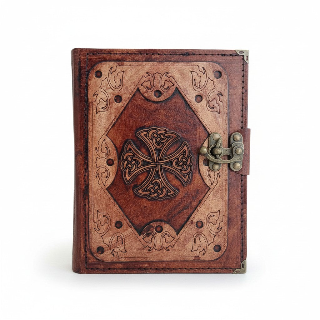 Genuine Sheepskin Leather Journal, Blank Chamois Paper | Layered Frame | Leather Overlay | Celtic Cross Engraved